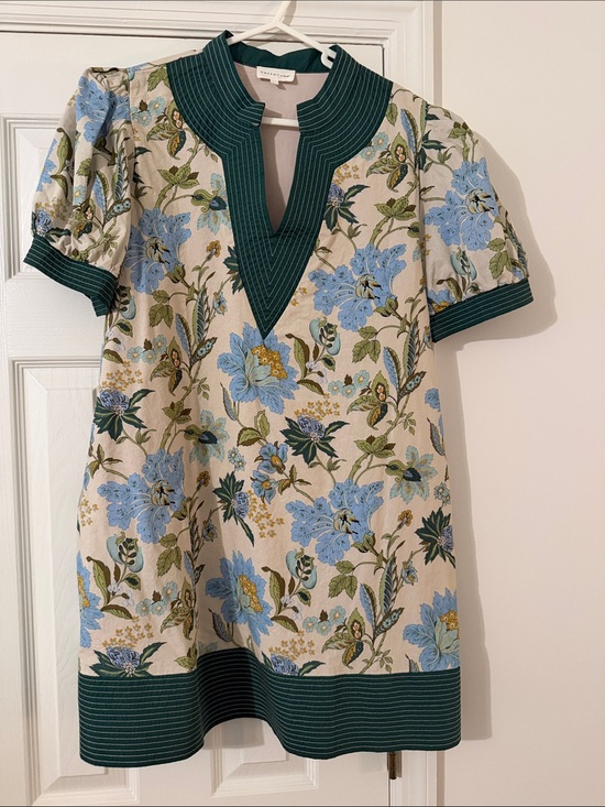 Dresses & Skirts - Cream Floral Tunic Dress with Green Trim